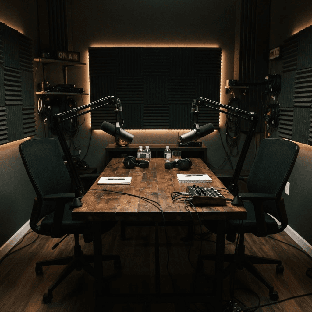 A long-form podcast recording studio with two microphones facing each other