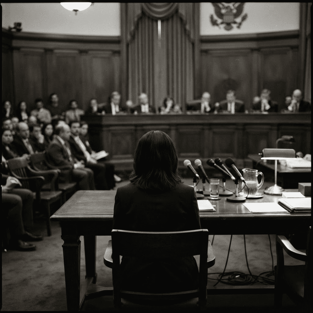 Research documents and data tables on a hearing-room table